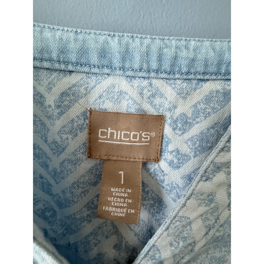 Chico's Blue Patterned Cotton Tunic Hi-Low 3/4 Sleeve Front Pockets Size 1 (M/8) - Picture 2 of 13